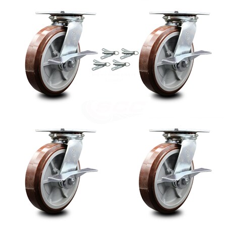 Service Caster 8 Inch Polyurethane Caster Set with Roller Bearing and Brakes/Swivel Locks SCC SCC-35S820-PPUR-SLB-BSL-4
